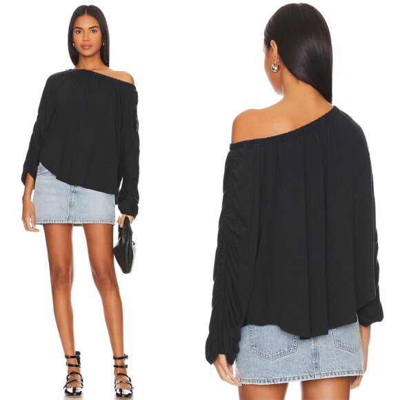 Free People Care FP Serenade Long Sleeve Tee Women XS Black Off the Shoulder NWT - Picture 1 of 14